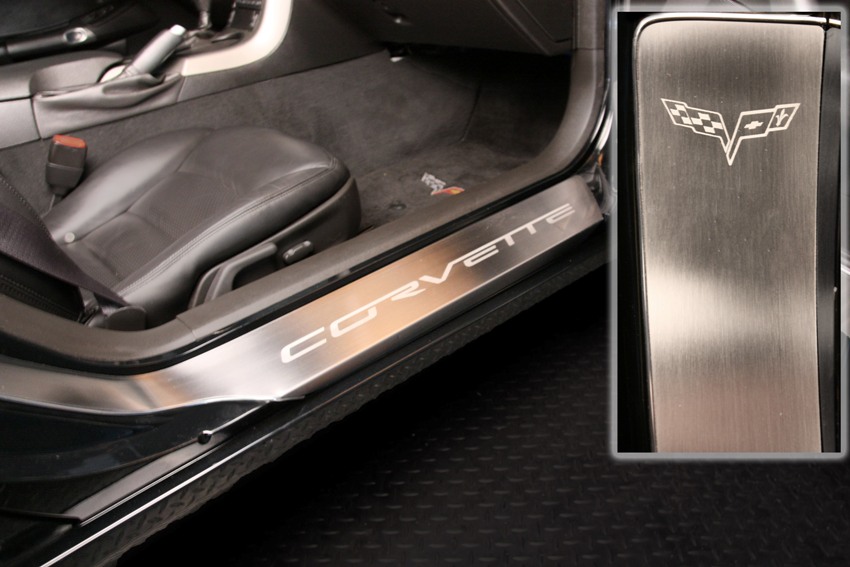 2005-2013 C6 Corvette, Doorsills Etched GM LICENSED Satin 2pc, Stainless Steel